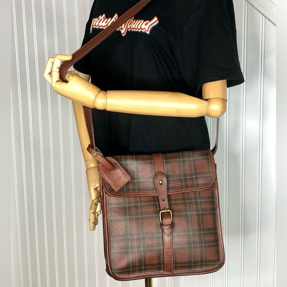 RALPH LAUREN Tartan Plaid Large Leather Crossbody Messenger School Camp Bag